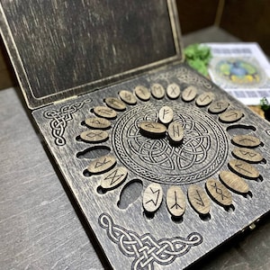 Scandinavian runes in wooden box, Futhark runes, Norse runes, divination esoteric tools