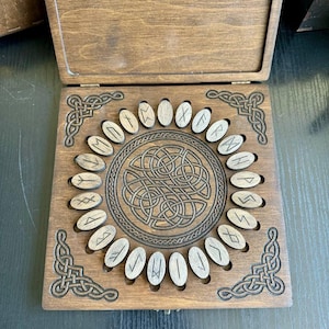 Nordic Runes in wooden box, Futhark runes, Scandinavian Norse runes, divination esoteric tools, witch gift