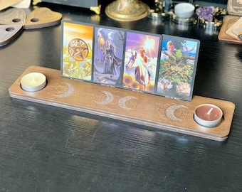 Tarot cards holder & candles stand, personalized wooden Moon engraved altar display, divination witchcraft gift