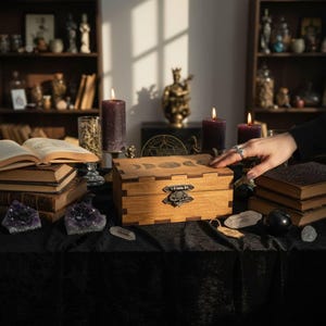 Peut inclure: Une boîte rectangulaire en bois avec un fermoir en métal et des gravures de phases lunaires sur le couvercle. La boîte repose sur un tissu noir, entourée de piles de vieux livres, de bougies violettes, d'améthystes et d'un cristal de roche.