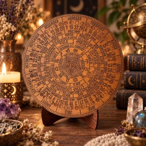 May include: A circular wooden 2027 lunar calendar featuring engraved months, moon phases, zodiac signs, and seasonal festival names. The calendar is mounted on a two-piece wooden stand, displaying a central pentagram design with moon symbols.