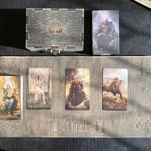 Runic tarot cards with spread kit,  Custom Wooden box for cards, spread board, personalized divination gift, future reading tools,