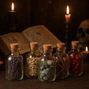 Può includere: Cinque piccole bottiglie di vetro con tappi di sughero, ciascuna riempita con elementi diversi: lavanda, semi, pietre verdi, ramoscelli e bacche rosse. Candele accese e un libro aperto sullo sfondo.