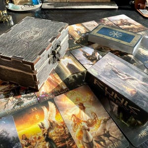 Runic tarot cards with spread kit,  Custom Wooden box for cards, spread board, personalized divination gift, future reading tools,