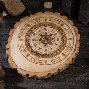 Wheel of the year, wiccan calendar, log slice decor, annual cycle of seasonal festivals, pagan, altar, witch decor, witch gift