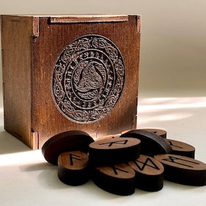 Scandinavian wooden Runes set in wooden personalizedbox, divination esoteric tools, Futhark runes, witch gift