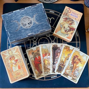 Baraja de cartas del Tarot Mucha, caja de madera para cartas del Tarot, tablero de tirada, set de lectura del Tarot, set de regalo de oráculo oculto