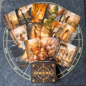 Può includere: Un mazzo di carte dei tarocchi con illustrazioni dai toni caldi e dorati di figure, paesaggi e oggetti simbolici come una clessidra, un cuore e una spada. Le carte sono disposte a ventaglio su un tappetino circolare di colore grigio scuro.