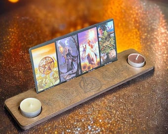 Engraved Wooden Tarot Card Holder with Candle Stand - Personalized Altar Display
