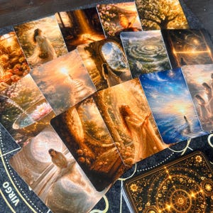 Può includere: Una collezione di carte oracolo rettangolari con illustrazioni vibranti ed eteree di figure in paesaggi dorati, mari celestiali e giardini fioriti, disposte su un tappetino scuro con la parola Virgo stampata in bianco.