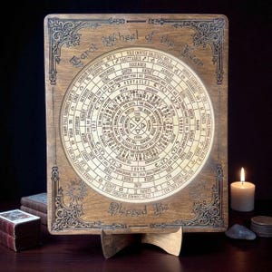 Może przedstawiać: Drewniane Koło Roku Tarota ze skomplikowanymi grawerunkami. Okrągły wz&oacute;r zawiera symbole astrologiczne, nazwy kart i odniesienia sezonowe. Fraza "Blessed Be" jest wpisana na dole. Świeca i inne przedmioty znajdują się w tle.