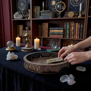 Puede incluir: Una bandeja de madera para cartas del tarot con diseños de nudos celtas. La bandeja está sobre un mantel negro, con velas encendidas, cristales y una bola de cristal. Una persona sostiene una carta del tarot.