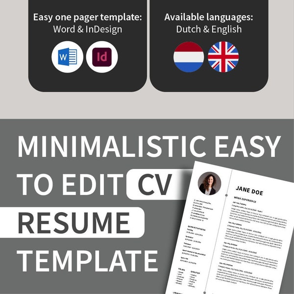 Minimalistic One pager Resume Template - Word - Indesign - Nederlands/Dutch - Engels/English