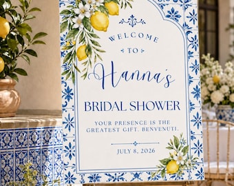 Letrero de bienvenida para despedida de soltera en la Costa Amalfitana / Decoración nupcial mediterránea con limones (Plantilla de Canva)