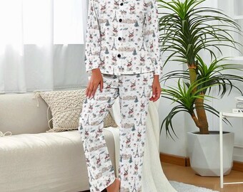 French Bulldog Paris Christmas Pajamas – Holiday Dog PJs with Eiffel Tower, Gifts and Snowflakes, Cozy Winter Sleepwear for Frenchie Lovers