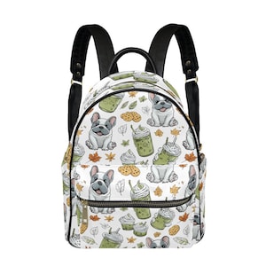 French Bulldog Backpack – Fall Matcha & Cookie Print, Cute Dog Lover Gift, Autumn Aesthetic Halloween Backpack, Dog lover gift
