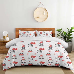 Panda Love Comforter Set - 4-Piece Valentine&#39;s Day Bedding with Cute Panda and Heart Design, romantic comforter, Valentine&#39;s bedding, panda