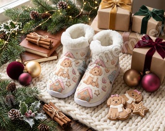 Golden Dog Christmas Snow Boots - Fleece Lined EVA Winter Boots, Pastel Heart Cookie Print, Dog Mom Holiday Shoes