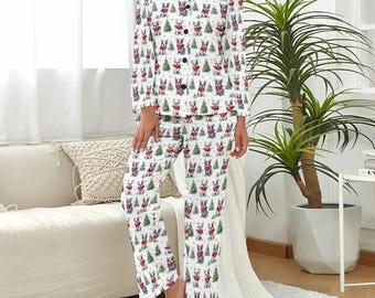 French Bulldog Christmas Pajamas – Cute Frenchie PJs with Red Scarf, Snowflake & Holiday Tree Print, Cozy Winter Dog Lover Sleepwear