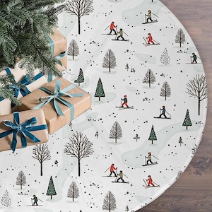 Scandinavian Ski Village Christmas Tree Skirt, Cozy Winter Holiday Decor, Nordic Farmhouse Xmas Decoration