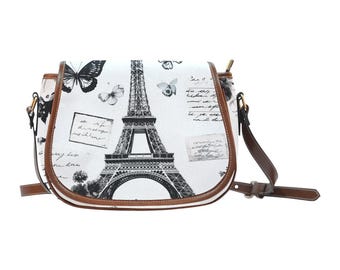 Paris Eiffel Tower Saddle Bag – Vintage Parisian Design with Butterflies and Postcards, Crossbody Bag for Women, Saddle Bag