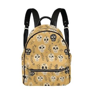 Herbstschädel Rucksack, gruselige süße Halloween Tasche, Sugar Skull Print, Tag der Toten inspiriert, Herbstästhetischer Schulrucksack