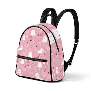 Pink Ghost Backpack – Cute Kawaii Halloween Bag, Fall Aesthetic Spooky Pumpkin Print, Boo Trick or Treat Mini Backpack, Small Size Bookbag