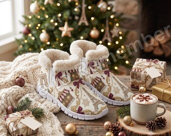 Paris Christmas Snow Boots - Fleece Lined EVA Winter Boots, Eiffel Tower Gold Bow Print, Cozy Pull On Holiday Shoes
