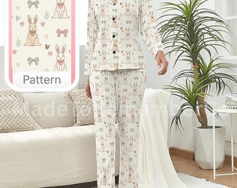 Cute Bunny Pajama Set – Pastel Bunny Print PJs, Cozy Button-Up Sleepwear, Soft Girly Loungewear Gift for Her