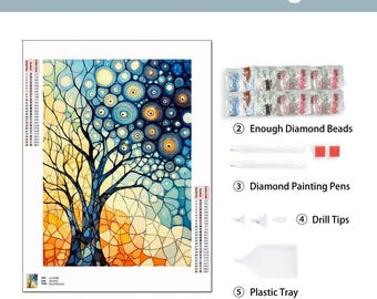 Abstract Tree of Life Diamond Painting Kit, DIY 5:7 Ratio Wall Art with Vibrant Blue and Gold Circles, Unique Nature-Inspired Decor No Frame