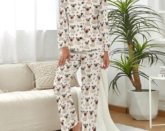 Pug Christmas Pajamas, Women’s Winter Sleepwear Set, Cute Dog Print PJs, Holiday Gift for Her, Dog Mom Gift, Pug Lover Pajama Loungewear