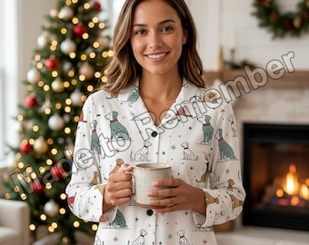 May include: A white long-sleeved button-down pajama top featuring a repeating pattern of various dog breeds in shades of brown, gray, and red, accented with small green and red star-like shapes. The shirt has a collar and dark buttons.