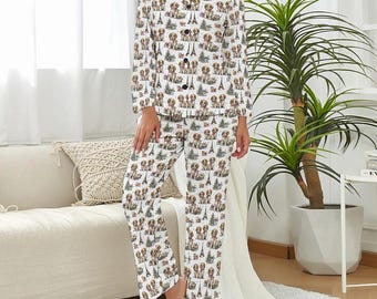 Pijama navideño de Cavalier King Charles Spaniel de París: pijama con estampado navideño de cachorros, Torre Eiffel y regalos, ropa de estar cómoda para los amantes de los perros.