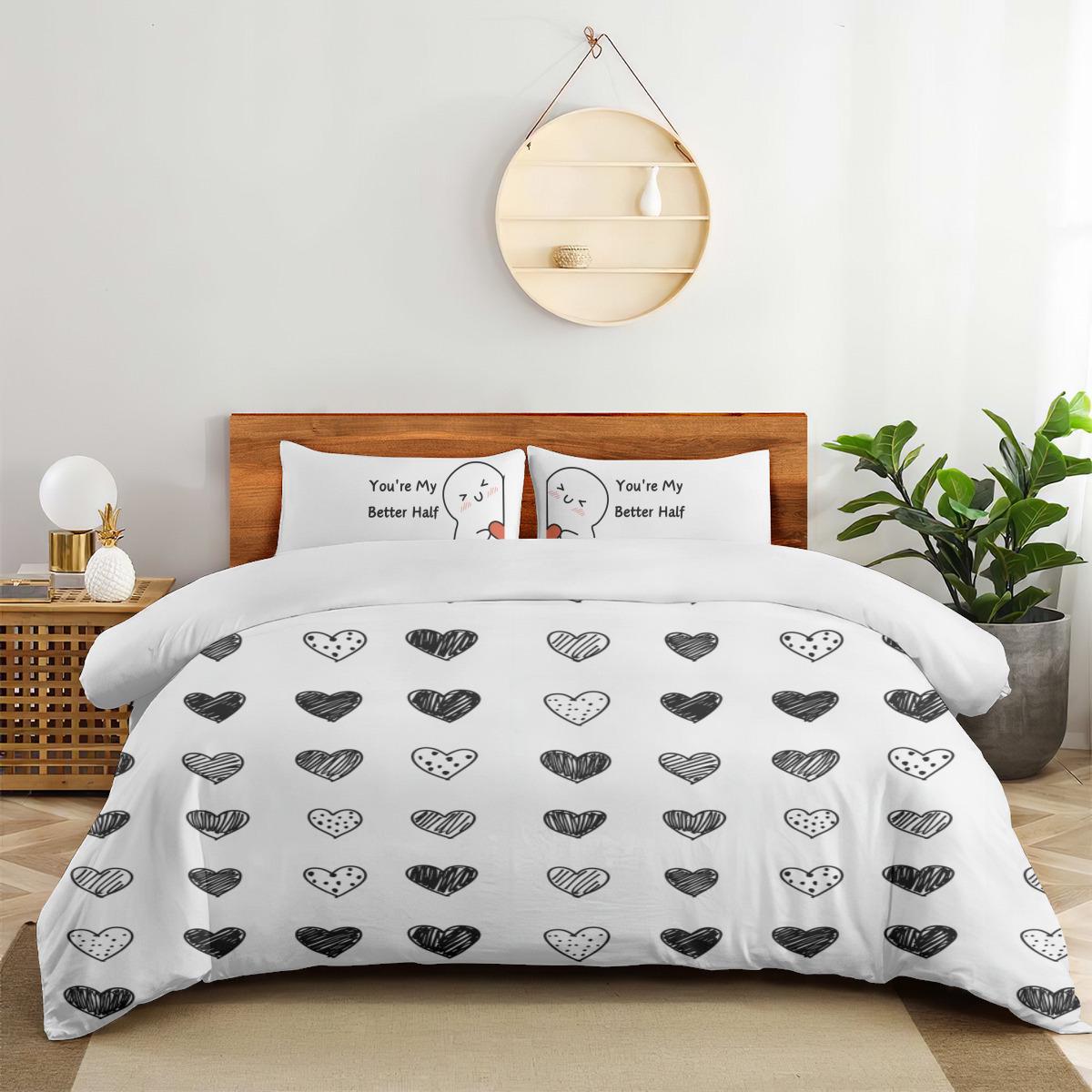 Black and White Heart Comforter Set - 4-Piece Valentine's Day Bedding with "You're My Better Half" Design, Romantic Gift