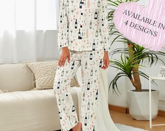 Weingläser Pyjama Set: Damen Nachtwäsche mit Knöpfen - Gemütliches Lounge Set