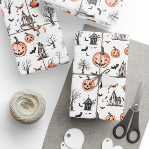 Halloween Wrapping Papers, Pumpkin, Haunted House, Spooky Trees, Bats, Festive Gift Wrap, Party Supplies