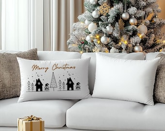 Minimalist Merry Christmas Lumbar Pillow, Elegant Holiday Decor Accent, Cozy Christmas Pillow with Handwritten Script