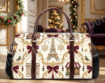 Paris Christmas Duffle Bag – Eiffel Tower Weekender, Burgundy Bow Carry-On Canvas Travel Bag, French Holiday Gift for Her