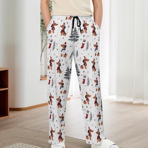 Calça de pijama comprida masculina com estampa natalina festiva de dachshund, roupa de descanso confortável e estilosa para as festas de fim de ano.