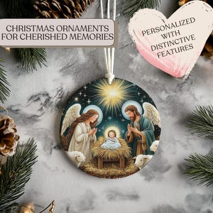 Nativity Scene Christmas Ornament - Holy Family with Angels and Star of Bethlehem - Religious Holiday Decor