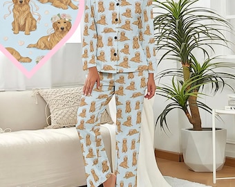 Pigiama da donna con stampa floreale a forma di cane, Golden Retriever, con bottoni, 2 pezzi, maglia a maniche lunghe e pantaloni, comodo pigiama da salotto