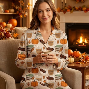 Pumpkin Spice Latte Pajama Set for Women, Cute Fall Coffee & Book Lover Sleepwear, Cozy Cottagecore Long Sleeve Button Up PJs, Gift for Her