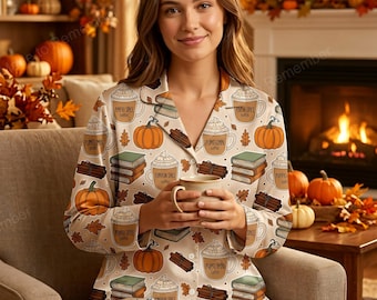 Pumpkin Spice Latte Pajama Set for Women, Cute Fall Coffee & Book Lover Sleepwear, Cozy Cottagecore Long Sleeve Button Up PJs, Gift for Her