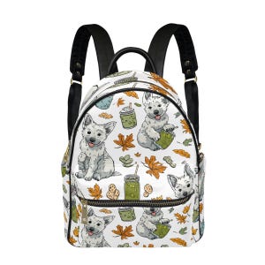 Westie Dog Backpack with Matcha Latte & Cookies – Cute Fall Aesthetic Pup Print, Autumn Leaves Small Travel Bag for Dog Lovers, Backpack