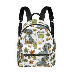 Autumn Dachshund Backpack – Fall Dog Print with Matcha & Cookies, Cute Wiener Dog Bag, Pumpkin Spice Aesthetic School Backpack