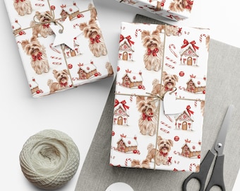 Yorkie Christmas Wrapping Paper - Cute Holiday Gift Wrap with Yorkie Dog, Candy Canes, and Gingerbread House Design for Dog Lovers