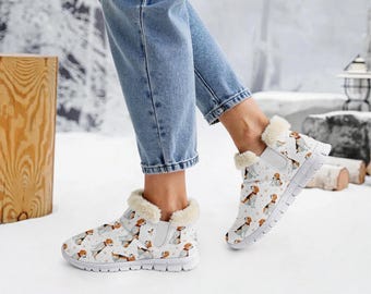 Botas de nieve navideñas con estampado de perro beagle: acogedoras botas de invierno con forro polar, un regalo navideño para ella.
