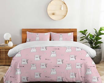 Pink Cat Comforter Set 4-Piece Cute Cat-Themed Bedding with Bowtie and Fishbone Design, cat-themed duvet, pet lover gift, romanticgiftforher
