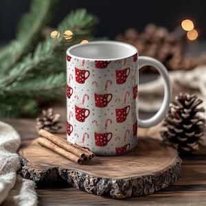Christmas Coffee Mug, Festive Winter Holiday Tea Cup, Red Snowflake Ceramic Mug, Hot Cocoa Mug, Christmas Gift Mug, Holiday Drinkware,