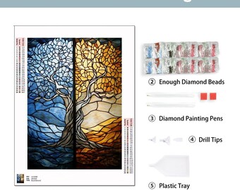 Stained Glass Dual Tree of Life Diamond Painting Kit, DIY 5:7 Ratio Wall Art with Blue and Gold Design, Unique Home Decor, No Frame